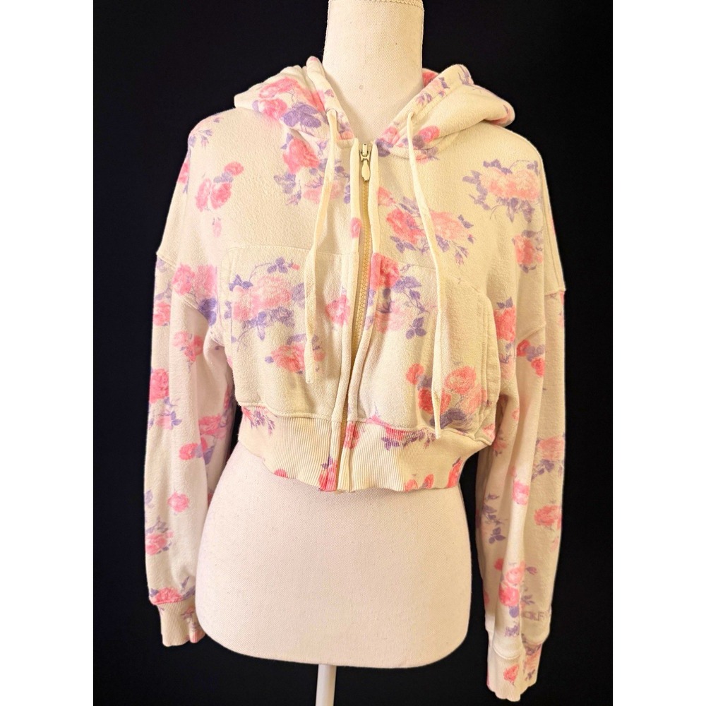 LoveShackFancy Pierra Floral Cropped Full Zip Hoodie Cream Pink Purple S